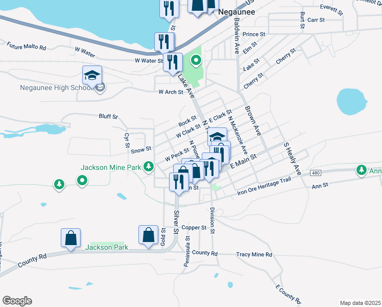 map of restaurants, bars, coffee shops, grocery stores, and more near 318 North Pioneer Avenue in Negaunee