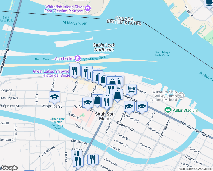map of restaurants, bars, coffee shops, grocery stores, and more near 240 West Portage Avenue in Sault Ste. Marie