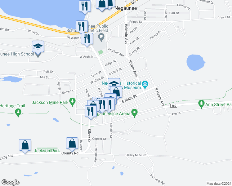 map of restaurants, bars, coffee shops, grocery stores, and more near 101-199 East Case Street in Negaunee