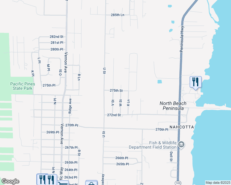 map of restaurants, bars, coffee shops, grocery stores, and more near 27418 V Street in Ocean Park