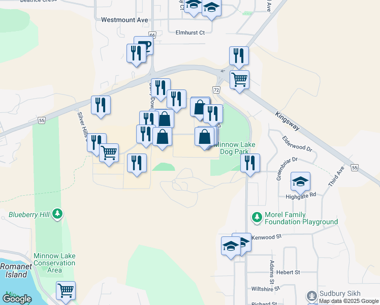 map of restaurants, bars, coffee shops, grocery stores, and more near 1499 Marcus Drive in Greater Sudbury