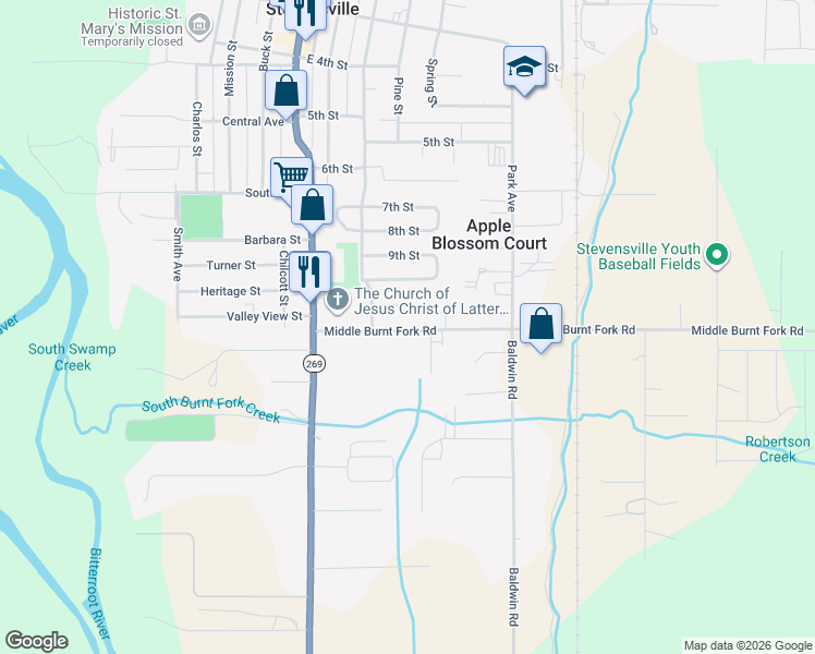 map of restaurants, bars, coffee shops, grocery stores, and more near 138 Middle Burnt Fork Road in Stevensville