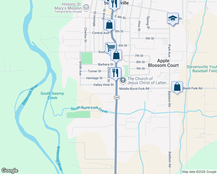 map of restaurants, bars, coffee shops, grocery stores, and more near 116 Valley View Street in Stevensville