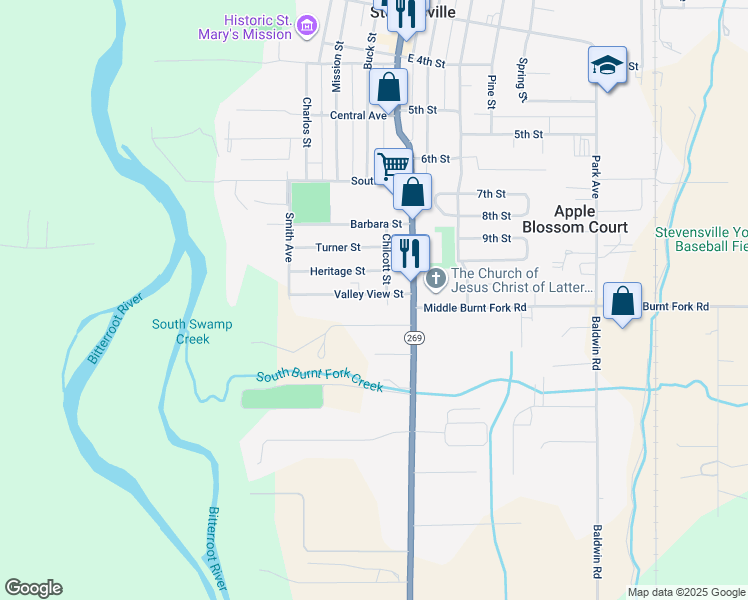 map of restaurants, bars, coffee shops, grocery stores, and more near 116 Valley View Street in Stevensville
