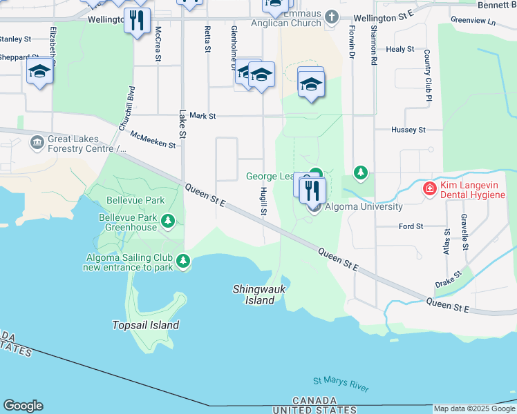 map of restaurants, bars, coffee shops, grocery stores, and more near 15 Hugill Street in Sault Ste. Marie