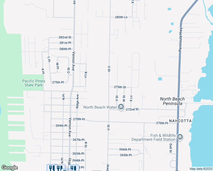 map of restaurants, bars, coffee shops, grocery stores, and more near 27501 U Street in Ocean Park