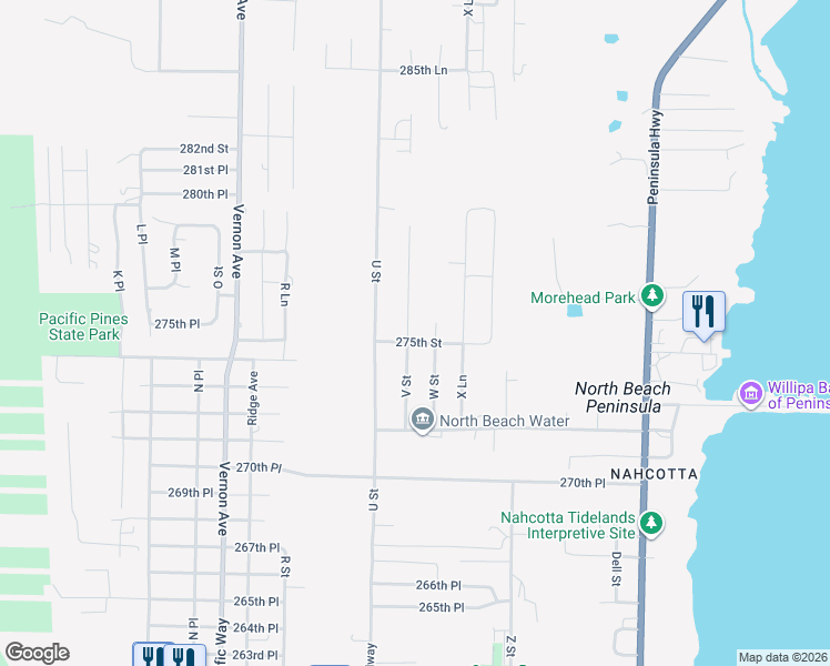 map of restaurants, bars, coffee shops, grocery stores, and more near 2205 275th St in Ocean Park