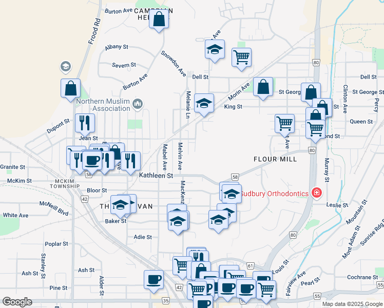 map of restaurants, bars, coffee shops, grocery stores, and more near 365 Morin Avenue in Greater Sudbury