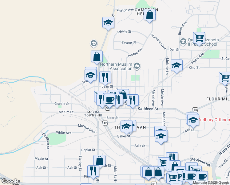 map of restaurants, bars, coffee shops, grocery stores, and more near 381 Bessie Avenue in Greater Sudbury