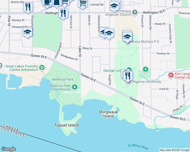 map of restaurants, bars, coffee shops, grocery stores, and more near 8 Parkdale Drive in Sault Ste. Marie