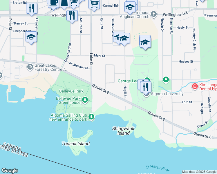 map of restaurants, bars, coffee shops, grocery stores, and more near 8 Parkdale Drive in Sault Ste. Marie