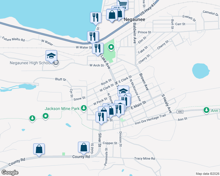 map of restaurants, bars, coffee shops, grocery stores, and more near 318 North Pioneer Avenue in Negaunee
