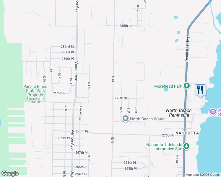 map of restaurants, bars, coffee shops, grocery stores, and more near 27501 U Street in Ocean Park