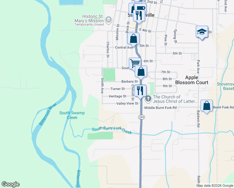 map of restaurants, bars, coffee shops, grocery stores, and more near 221 Turner Street in Stevensville
