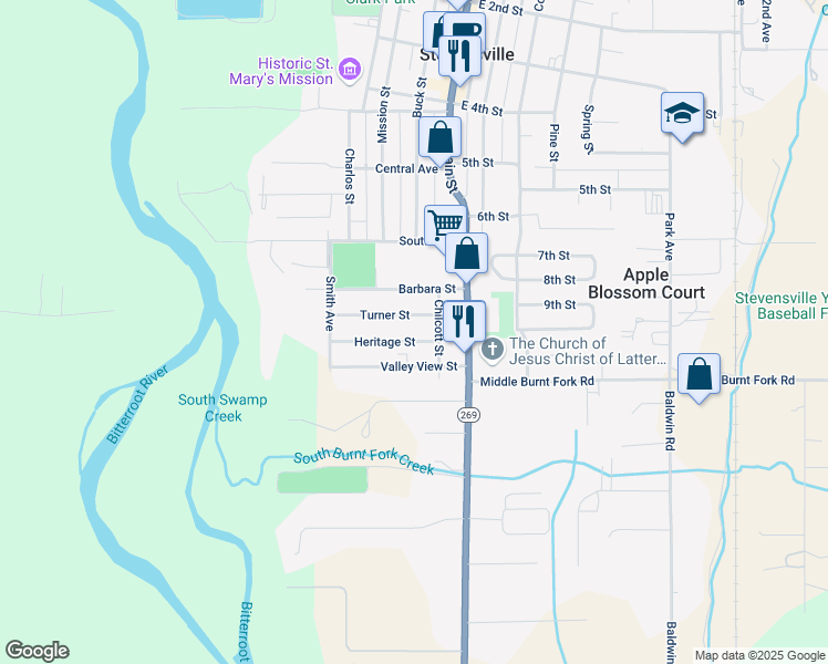 map of restaurants, bars, coffee shops, grocery stores, and more near 121 Turner Street in Stevensville