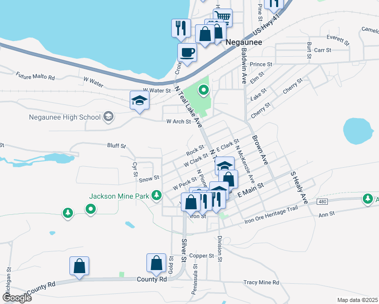map of restaurants, bars, coffee shops, grocery stores, and more near 198 Rock St in Negaunee