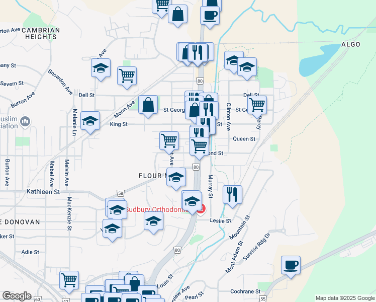 map of restaurants, bars, coffee shops, grocery stores, and more near in Greater Sudbury