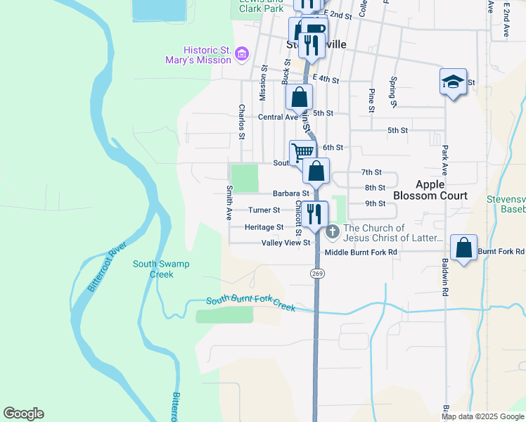 map of restaurants, bars, coffee shops, grocery stores, and more near 221 Turner Street in Stevensville