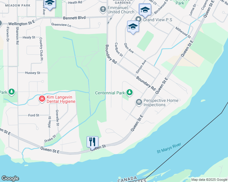 map of restaurants, bars, coffee shops, grocery stores, and more near 90 Dell Avenue in Sault Ste. Marie