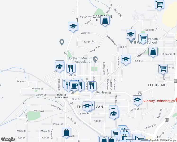 map of restaurants, bars, coffee shops, grocery stores, and more near 432 Burton Avenue in Greater Sudbury