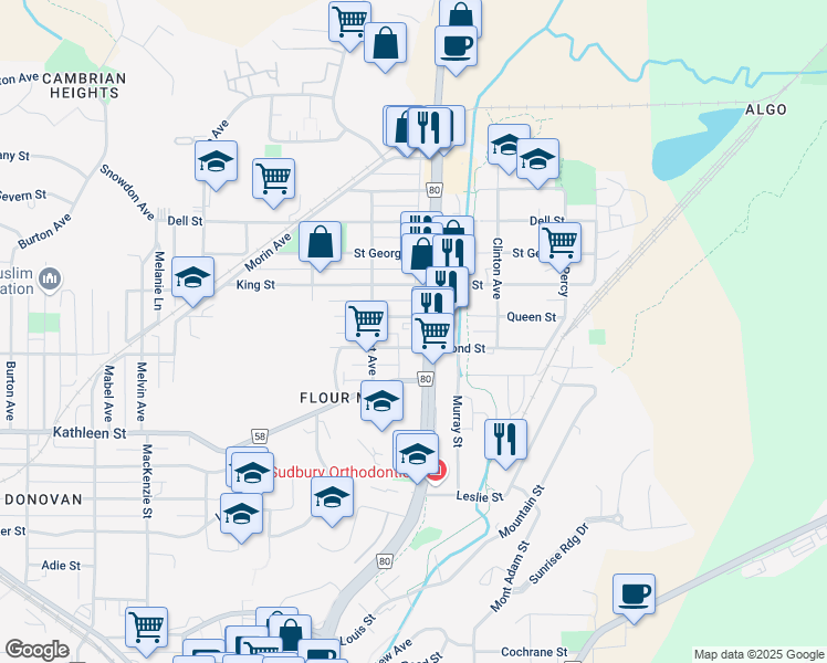 map of restaurants, bars, coffee shops, grocery stores, and more near in Greater Sudbury