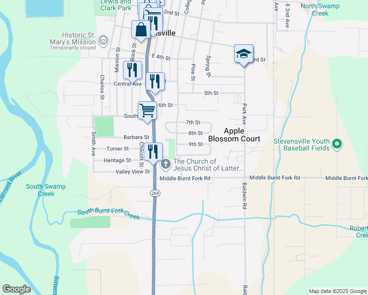 map of restaurants, bars, coffee shops, grocery stores, and more near 307 9th Street in Stevensville