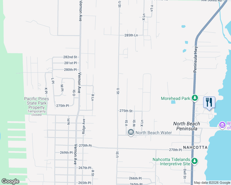 map of restaurants, bars, coffee shops, grocery stores, and more near 27707 U Street in Ocean Park