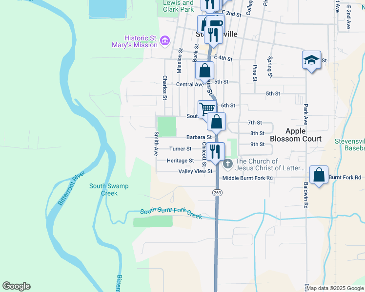 map of restaurants, bars, coffee shops, grocery stores, and more near 221 Turner Street in Stevensville