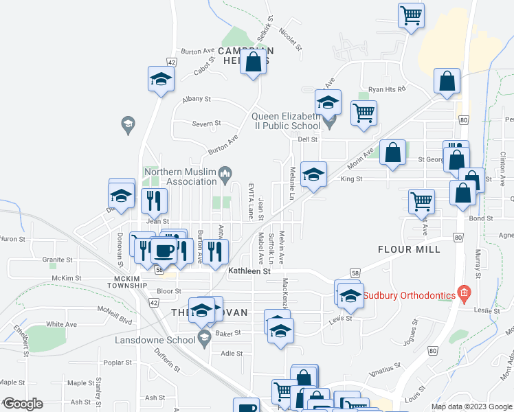 map of restaurants, bars, coffee shops, grocery stores, and more near 60 Jean Street in Greater Sudbury