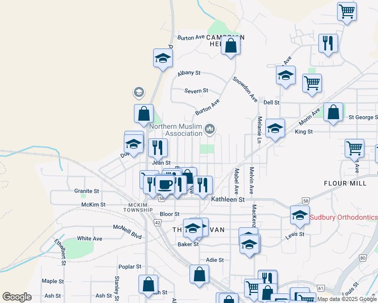 map of restaurants, bars, coffee shops, grocery stores, and more near 432 Burton Avenue in Greater Sudbury