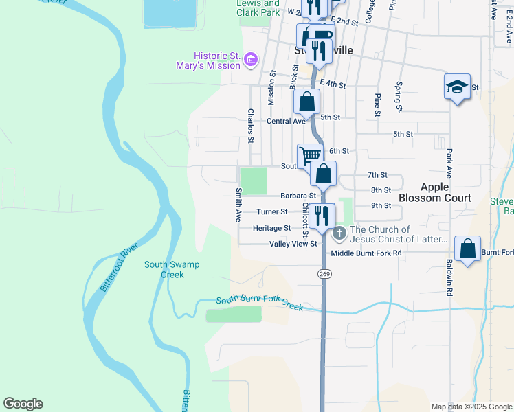 map of restaurants, bars, coffee shops, grocery stores, and more near 311 Turner Street in Stevensville