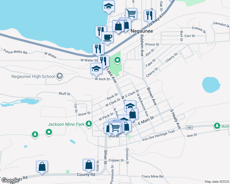 map of restaurants, bars, coffee shops, grocery stores, and more near 100-198 Rock Street in Negaunee