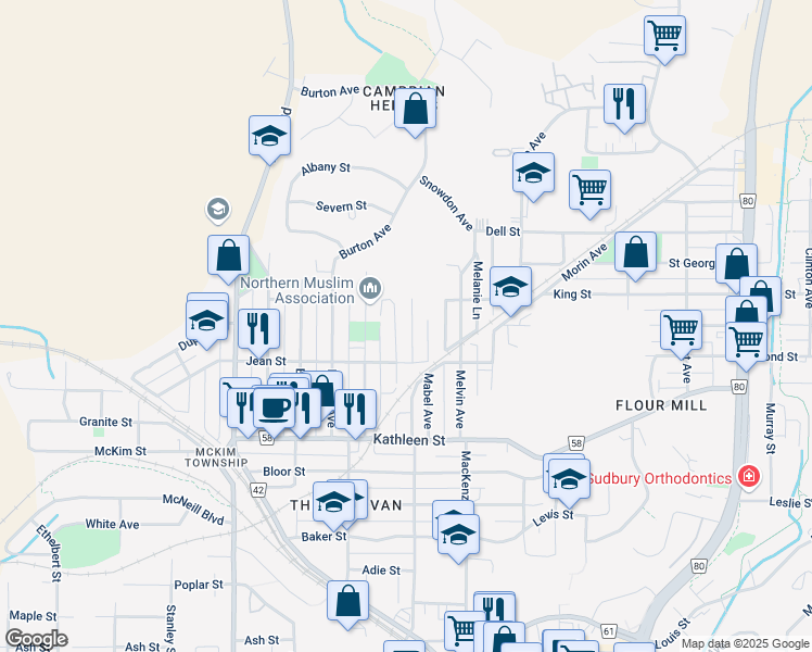 map of restaurants, bars, coffee shops, grocery stores, and more near 60 Jean Street in Greater Sudbury