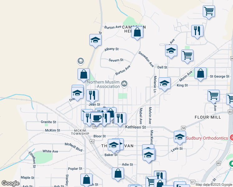 map of restaurants, bars, coffee shops, grocery stores, and more near 432 Burton Avenue in Greater Sudbury