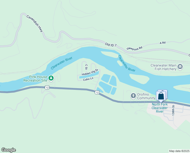 map of restaurants, bars, coffee shops, grocery stores, and more near 7 Steelhead Lane in Orofino