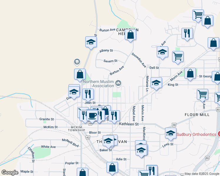 map of restaurants, bars, coffee shops, grocery stores, and more near 474 Burton Avenue in Sudbury