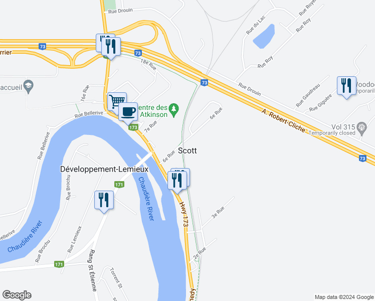 map of restaurants, bars, coffee shops, grocery stores, and more near 2692 Route Carrier in Scott