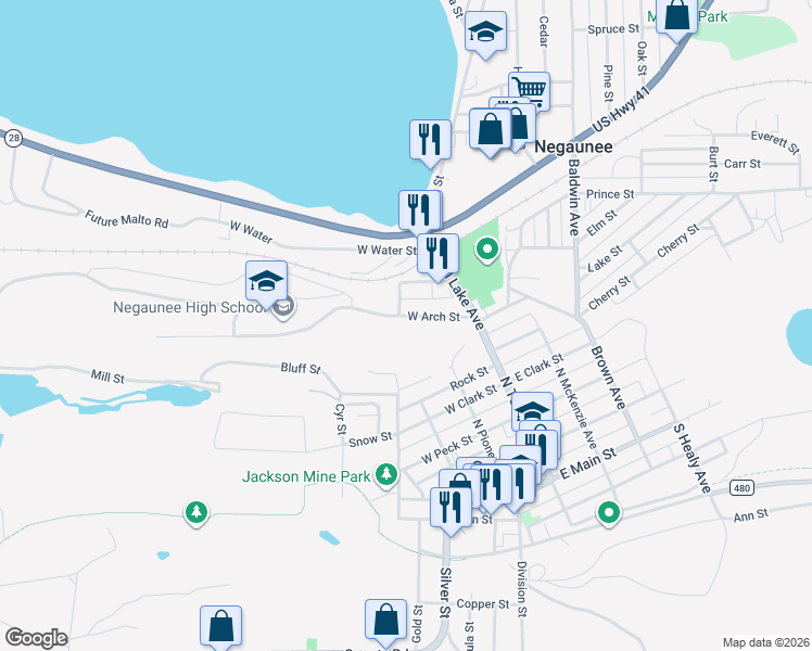 map of restaurants, bars, coffee shops, grocery stores, and more near 100-212 West Arch Street in Negaunee