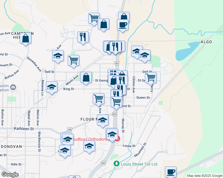 map of restaurants, bars, coffee shops, grocery stores, and more near King Street in Sudbury
