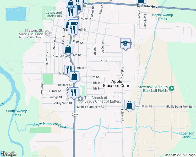 map of restaurants, bars, coffee shops, grocery stores, and more near 307-309 7th Street in Stevensville