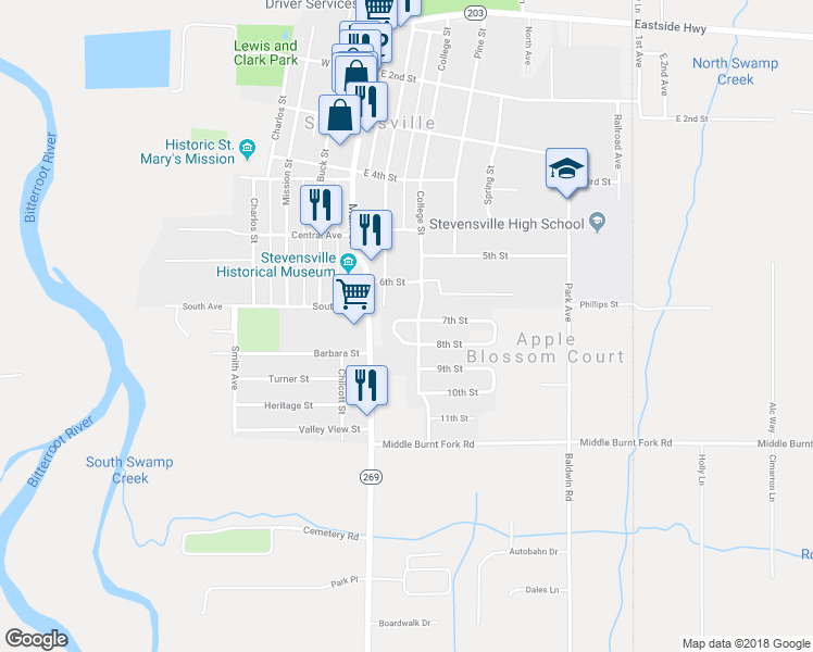 map of restaurants, bars, coffee shops, grocery stores, and more near 203 Saint Mary's Drive in Stevensville