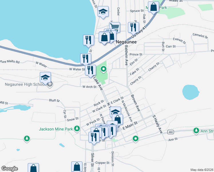 map of restaurants, bars, coffee shops, grocery stores, and more near 112 E Arch St in Negaunee