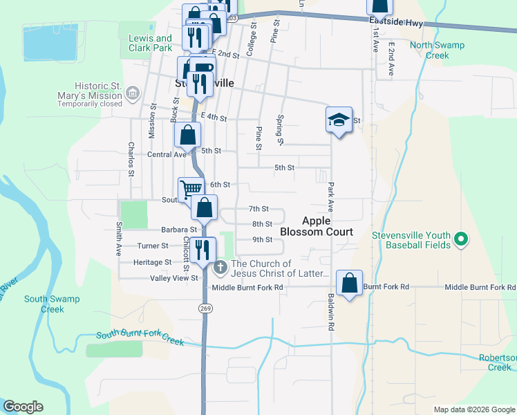 map of restaurants, bars, coffee shops, grocery stores, and more near 309 7th Street in Stevensville