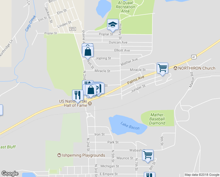 map of restaurants, bars, coffee shops, grocery stores, and more near 649 Palms Avenue in Ishpeming