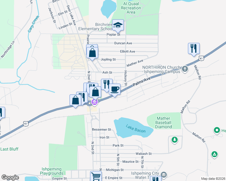 map of restaurants, bars, coffee shops, grocery stores, and more near 649 Palms Avenue in Ishpeming