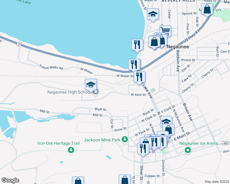 map of restaurants, bars, coffee shops, grocery stores, and more near 500 West Arch Street in Negaunee