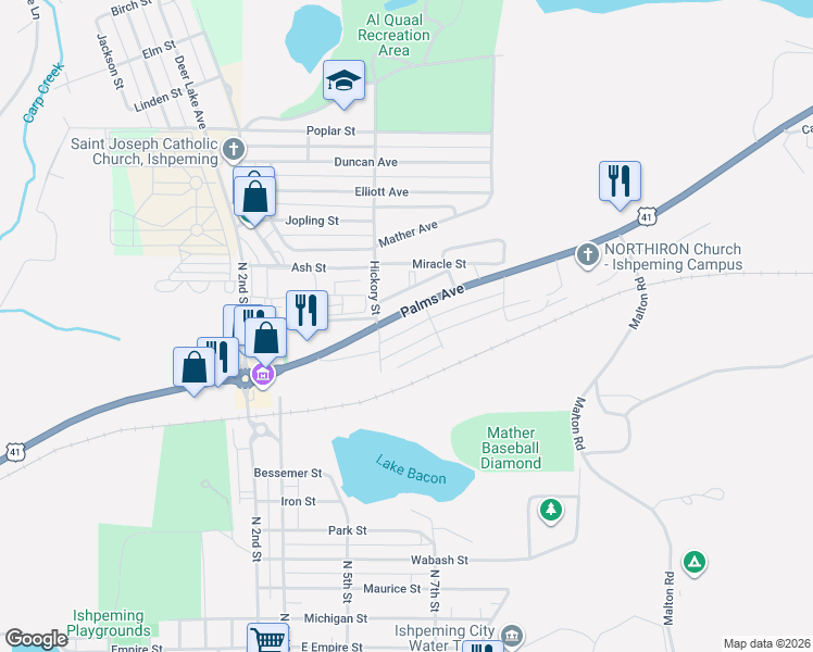 map of restaurants, bars, coffee shops, grocery stores, and more near 701-799 Juniper Street in Ishpeming