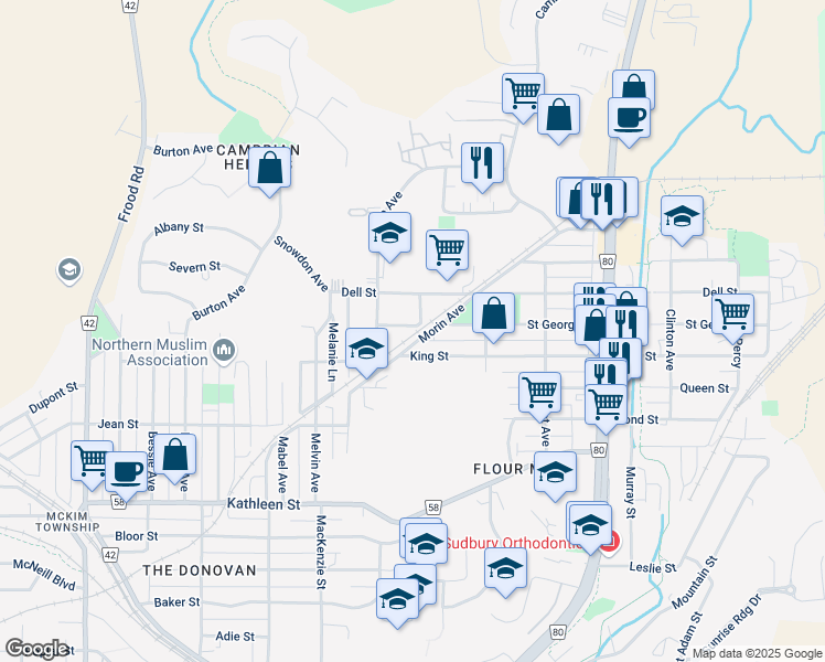 map of restaurants, bars, coffee shops, grocery stores, and more near 61 Saint Lawrence Street in Sudbury