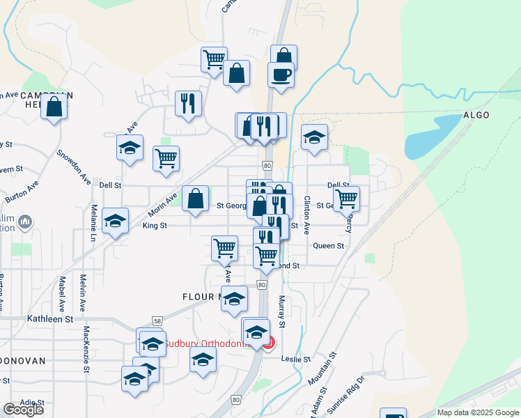 map of restaurants, bars, coffee shops, grocery stores, and more near 531 Notre Dame Avenue in Greater Sudbury