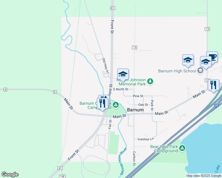 map of restaurants, bars, coffee shops, grocery stores, and more near 3813 County Highway 52 in Barnum